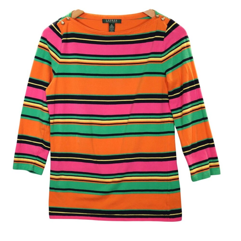 Lauren Ralph Lauren Womens Striped Cotton-Blend Top Gold Buttons 3/4 Sleeves Siz